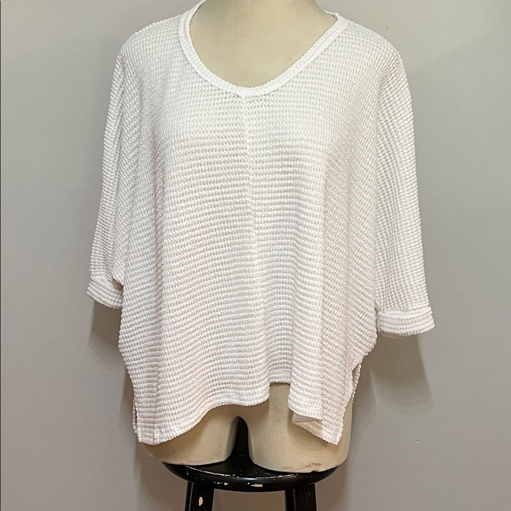 Women’s Zenana Waffle White Knit Sweater Top V-Neck Dolman Sleeve High-Low Hem